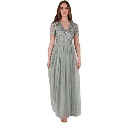Imagen de Maya Deluxe Vestido Mujer, Dama de Honor, Cuello En V, Manga Corta, Largo, Elegante, Cintura Imperio, Lirio Verde, 44