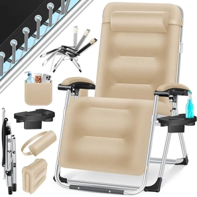 Imagen de KESSER® Tumbona Plegable XXL, Resistente a la Intemperie, Capacidad de Carga 200kg, Tapizado Ergonómico, Respaldo Ajustable, Cojín Cervical, Portavasos y para Brazos, Basic Gris