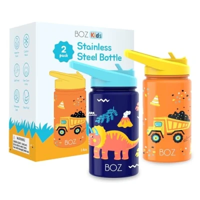 Imagen de BOZ Botella Agua Niños con Pajita Acero Inoxidable 414 ml, Térmica Aislamiento Doble Pared Sin BPA, Isotérmica Antiderrame (Paquete de Dos, Construcción/Dinosaurio)