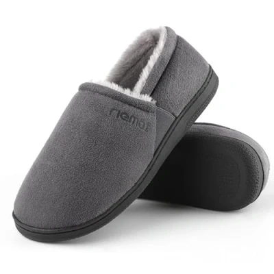Imagen de riemot Pantuflas tipo mocasín de ante para hombre, acogedoras zapatillas casa espuma viscoelástica con suela goma antideslizante, zapatos cálidos sherpa sintético doble cara elástica,