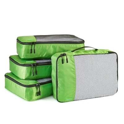 Imagen de Amazon Basics Organizador Para Maletas, Organizadores de Viaje, con Cremallera, Juego 4 Bolsas, Mediano, Verde