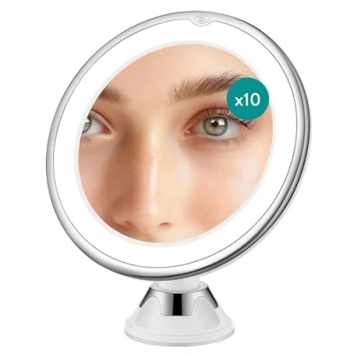 Imagen de Navaris Espejo Aumento x10 con Luz de LED y Ventosa Giratorio 360 Baño Maquillaje Depilación 17,5 cm