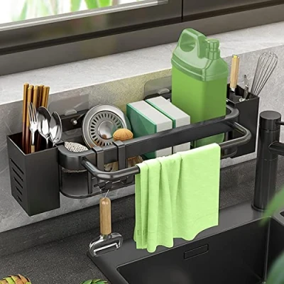 Imagen de Organizador fregadero Adhesivo, Soporte de Esponja sin Taladrar, estropajo cocina Acero Inoxidable, con 2 Estantes Metal/Toallero /2 tornillos autoadhesivos, Esponjas/Cepillos