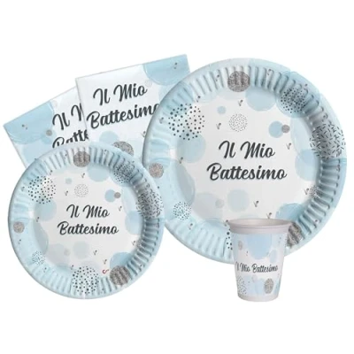 Imagen de Ciao Kit Vajilla de Fiesta Battesimo para 24 personas (112 pcs: platos Ø23cm, Ø18cm, vasos 250ml, 40 servilletas 33x33cm) papel compostable eco friendly, azul