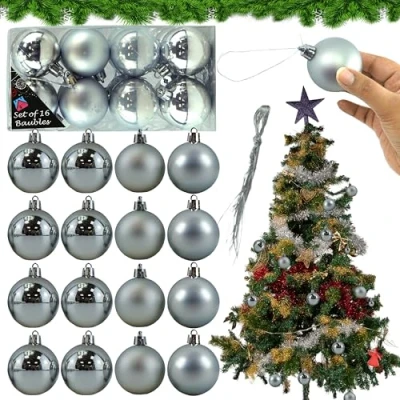 Imagen de 16 adornos plateados para árbol de Navidad, bolas plateadas, Navidad con cuerdas metálicas decoración boda, fiesta cumpleaños