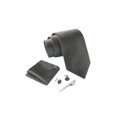 Imagen de Massi Morino Corbatas de hombre Rayas Grises y pañuelos con gemelos, clip corbata set Gris Oscuro Accesorio traje modernas para boda