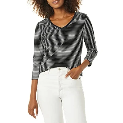 Imagen de Amazon Essentials Camiseta de Cuello en Pico, Manga 3/4 y Ajuste Clásico (Disponible Tallas Grandes) Mujer, Blanco Negro Rayas, L