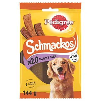Imagen de Pedigree Schmackos golosinas para Perro 180 láminas (Juego de 9 Bolsas 144 g) deliciosas y tiernas sin Aromas Artificiales recompensa Ideal educar o Hacer Placer a su