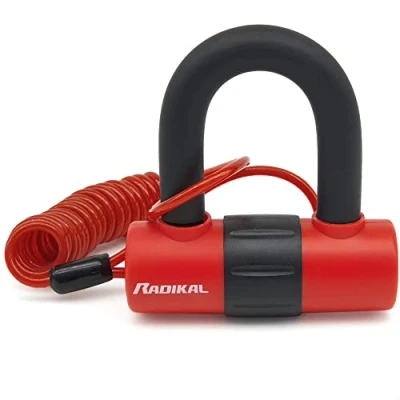Imagen de Radikal RK72 Candado Antirrobo Moto Mini U, Doble Seguro y Función para Disco o Cadena, Horquilla 14mm Cerradura Alta Seguridad,Cable Recordatorio, Antirobo Universal Scooter Bici