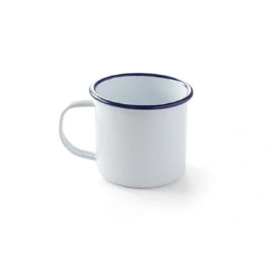 Imagen de HENDI Jarra Tazón Taza Vaso Mug esmaltado, para desayunar y servir diferentes alimentos, postres, bebidas frías calientes, helados, 0,36 L, ø90x(H) 80 mm, acero esmaltado blanco con borde azul