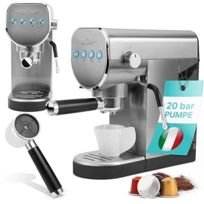 Imagen de Profi Cook PC ES 1265 Cafetera 2 en 1 Cápsulas de café y polvo espresso Máquina portafiltro 20 bar bomba italiana Incluye boquilla espumador leche Portafiltros para