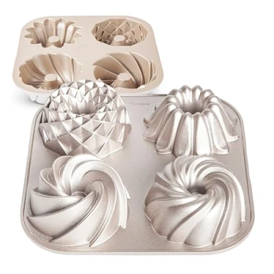 Imagen de Erreke Moldes Magdalenas, Molde Bizcocho, Doble Capa Antiadherente, Bizcocho Horno, Aluminio Fundido Resistente, Cocción Uniforme, Repostería Color Oro Rosa 4 Magdalenas Muffins, Tetrad
