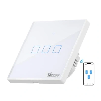 Imagen de SONOFF T2EU3C Interruptor Mural para Control de Luces Inalámbrico por RF Wi Fi Inteligente, Tipo 86 3 Canales Automatización Domótica, Compatible con Alexa, Google Home