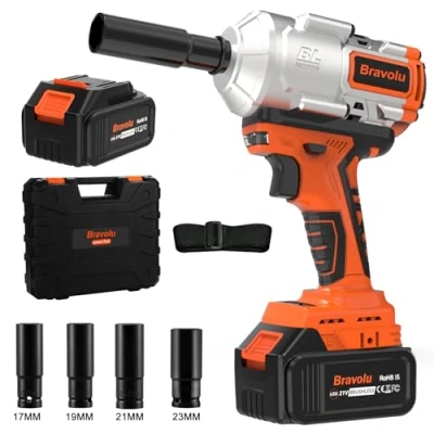 Imagen de Bravolu Llave de Impacto, 21V Brushless Pistola impacto Bateria, 1000Nm Atornillador con 4,0 Ah Batería, 1/2 pulgada, 4 tomas