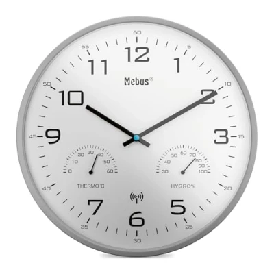 Imagen de Mebus Reloj de Pared Moderno con indicador Temperatura y Humedad, 30 cm, Radio Reloj, salón, Cocina, Modelo 52842, Color Gris