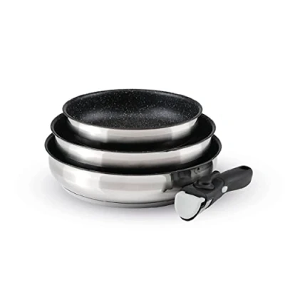 Imagen de Qulinart Batería de cocina inducción 4 piezas Set 3 estufas antiadherentes 20, 24 y 26 cm con mango extraíble Acero inoxidable todo fuego Libre PFOA Plateado/Negro