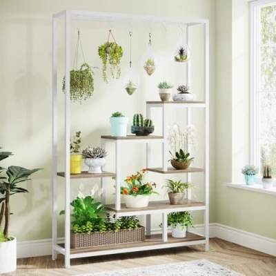 Imagen de Tribesigns Soporte alto para plantas de interior 5 niveles, estante metal 180 cm con 10 ganchos colgar en S, exhibición multiusos bonsái flores interiores