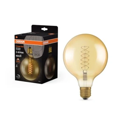 Imagen de OSRAM Lámpara LED Vintage 1906 dorada, 7W, 600lm, forma de globo con 125 mm diámetro y casquillo E27, luz blanca cálida, filamento en espiral, regulable, vida útil hasta 15,000 horas