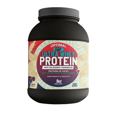 Imagen de OPTIMAL LIFE whey protein Vainilla proteina pura en polvo gana masa muscular Colageno + magnesio musculo
