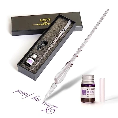 Imagen de aokuy Pluma de Cristal, Glass Dip Pen Set Pluma,Firma Vidrio a mano con portalápice para manualidades, escritura, firmas, decoración y regalo negocios