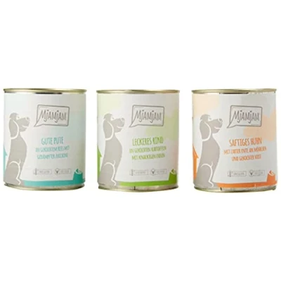 Imagen de MjAMjAM comida húmeda premium para perros Mixpaket I pollo &amp; pato, ternera, pavo, pack de 6 (6 x 800 g), natural con extra carne