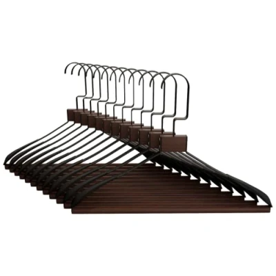 Imagen de COM FORT HOUSE Percha Metal con Barra de Madera Color Negro Antideslizantes y Resistentes Perchas para Ropa Ideal Chaquetas, Pantalones o Blusas 10 Unidades