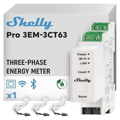 Imagen de Shelly Pro 3EM 3CT63 Medidor de Enérgia Mongofásico, Trifásico, Montaje carril DIN, Pinzas ampermétricas incluidas, Salida Pulsos, Control remoto por app, Medición sistem fotovoltaico