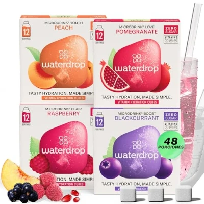 Imagen de waterdrop® Microdrink Mix, 48 Pastillas Saborizantes Para Agua, Bebidas Mix 4 Sabores Afrutados Sin Azúcar, baja en calorías y con vitaminas, Bebida Instantánea, Polvo de Hidratación, Botella