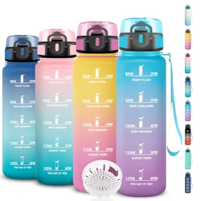 Imagen de Botella Agua, Agua 1 Litro con Filtro, Cantimplora Infantil Reutilizable Marca de Tiempo, Eslogan Motivacional, Fácil Limpiar, para la Escuela, Deportes, Camping, Gym