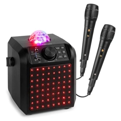 Imagen de Fenton KAR55B Altavoz de Karaoke con Bluetooth, 50W, Luces LED, Jelly Ball, 2 Micrófonos Incluidos, Batería Recargable, Portátil y Compacto, Ideal para Fiestas Infantil o Familiar, Negro