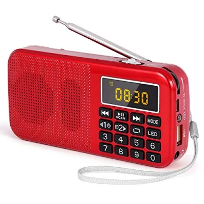 Imagen de PRUNUS J 725 FM Radio Portatil Pequeña, Digital Reloj Despertador, Bateria Recargable de 3000mAh, Reproductor AUX/USB/SD con Altavoz 3W, USB Linterna LED(Rojo)