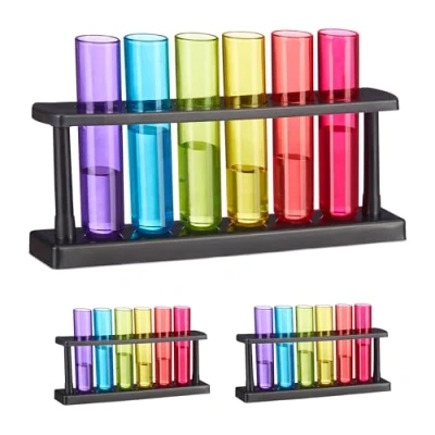 Imagen de Relaxdays Pack Tubos de Ensayo para Chupitos, 18 Vasos Shots, 3 Soportes, Plástico, 40 ml, Fiestas, Multicolor, 13 x 23,5 4 cm