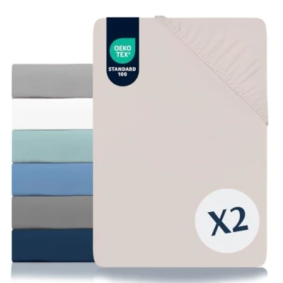 Imagen de Dreamzie Juego de 2 Sabanas 200x200 Ajustables Microfibra Ultra Suave Oeko Tex Certificado Sábana Bajera Beige Satinado