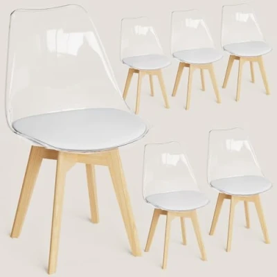 Imagen de FRUOGO Juego de 6 sillas comedor con respaldo transparente y patas madera maciza haya, cocina tapizadas cojín blanco cómodo para comedor, cocina, salón, dormitorio,S5
