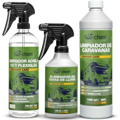 Imagen de bio chem Basic Set de 3 Productos Limpieza para caravanas Limpiador 1L Ventanas y Parabrisas plexiglás 750mL Manchas Lluvia 500mL