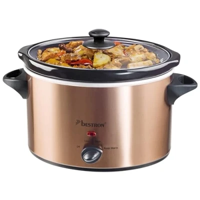Imagen de Bestron Slowcooker para 4 personas, Olla de Cocción Lenta con cacerola cerámica y tapa vidrio, termostato 3 niveles, ideal muchos platos como carne sopas, 3.5 litros, Color: Cobre