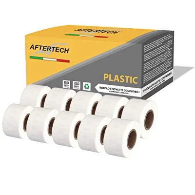 Imagen de Aftertech 10 x 99010P 28 89 mm rollos de etiquetas plásticas impermeables adhesivas compatibles (130 etiquetas/rollo = 1300 totales) para etiquetadoras impresoras Dymo LabelWriter 99010PLA
