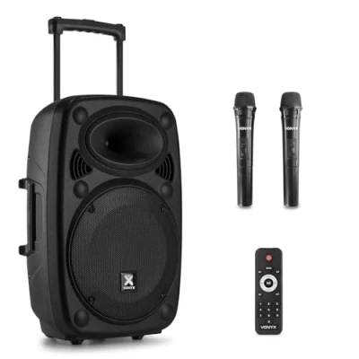 Imagen de Vonyx Verve38 Altavoz Grande con Bateria, autoamplificado portatil, Bluetooth microfono Karaoke, USB, SD, MP3, AUX, 2 microfonos UHF, Mando a Distancia, Subwoofer 12&quot;, 800W, Negro