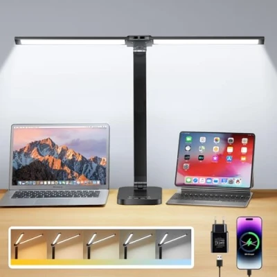Imagen de One Fire Doble Cabeza Lampara Escritorio LED,10 Brillo 5 Colores Flexo LED con Enchufe de Alimentación,Plegable Ajustable Escritorio,Temporizador 45min Mesa,Lampara