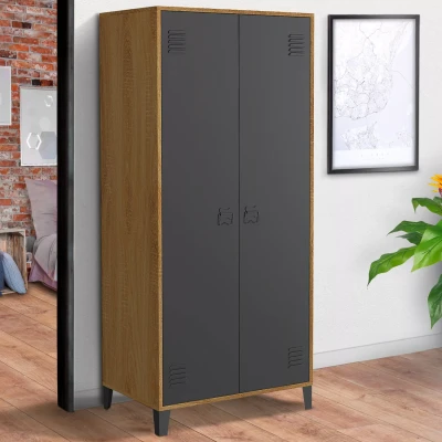 Imagen de IDMarket Armario ESTER 2 puertas metal negro y contorno madera diseño industrial
