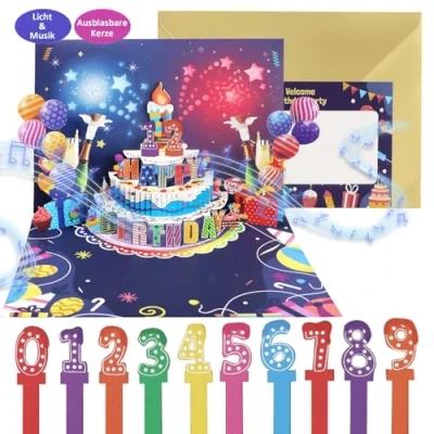 Imagen de Tarjeta Regalo 3D,Tarjeta Cumpleaños Pop Up,Tarjeta Felicitacion Con Musical y Luz,Postal Mujeres Hombrescon Sobres Mensaje,Diseño Divertido Regalos Niños