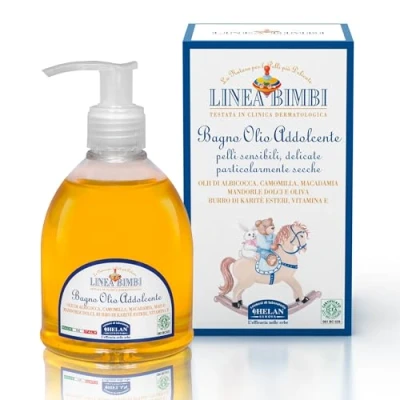Imagen de Helan, Linea Bimbi, Baño Aceite Corporal Bebé y Niño Detergente Lenitivo Hidratante para Bebés Niños no Grasa, con Almendras, Manteca de Karité Vitamina E 240 ml