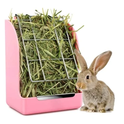 Imagen de Edipets, Comedero Conejos, Alimentador, Heno Cobaya, Roedores, Comida Pienso, Hamster, para Jaula Conejo, Accesorios, Plástico y Metal, con Pinza (Rosa)