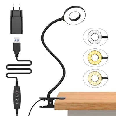 Imagen de iZELL 23 LED Luz Lectura con Clip [3 Colores y 10 Brillos] Flexo Escritorio Pinza 99.99% Bloqueo de Azul Lámparas Escritorio, Lámpara Mesa pare Estudio Trabajo Leer(Adaptador Incluido)