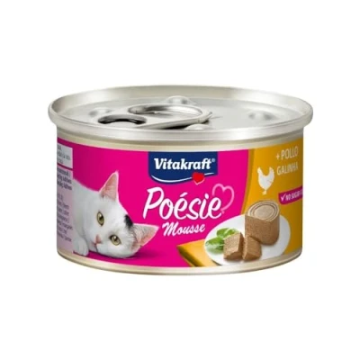 Imagen de Vitakraft Poésie Mousse, comida húmeda para gatos, mousse esponjosa con pollo, en tamaño de almacenamiento, sin azúcar añadido (1x 85g)