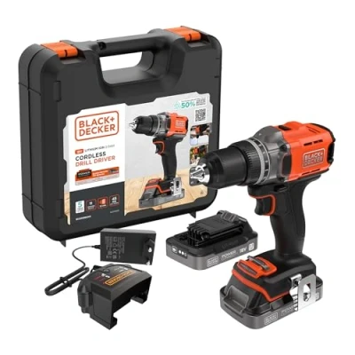Imagen de BLACK+DECKER POWERCONNECT Taladro atornillador sin cable de 18V con 2 baterías 2,0Ah, cargador 1A y kitbox, BCD382D2XK QW