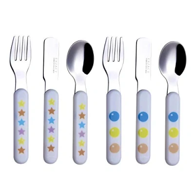 Imagen de Exzact Cubiertos Infantiles 6 Piezas de Acero Inoxidable 18/10 2 x Tenedores, Cuchillos Seguridad, cucharas, Mango plástico, Cubertería Infantil sin BPA Estrellas y Puntos
