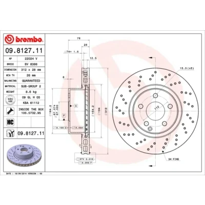 Imagen de BREMBO COATED DISC LINE 09.8127.11 Disco de freno 312 28 5 perforado/ventil. int. revestido altamente carbonizado con tornillos