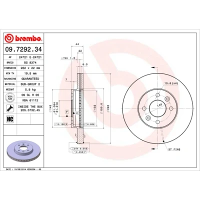 Imagen de BREMBO 09.7292.34 Disco de freno 262 22 4 ventilación interna con tornillos RENAULT: MEGANE 1, 1 Coach, LAGUNA