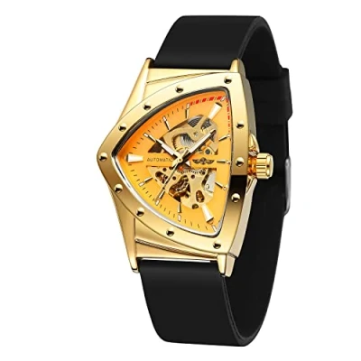 Imagen de FORSINING Reloj de pulsera Mecánico triangular impermeable para hombre con correa silicona, Oro y negro3,